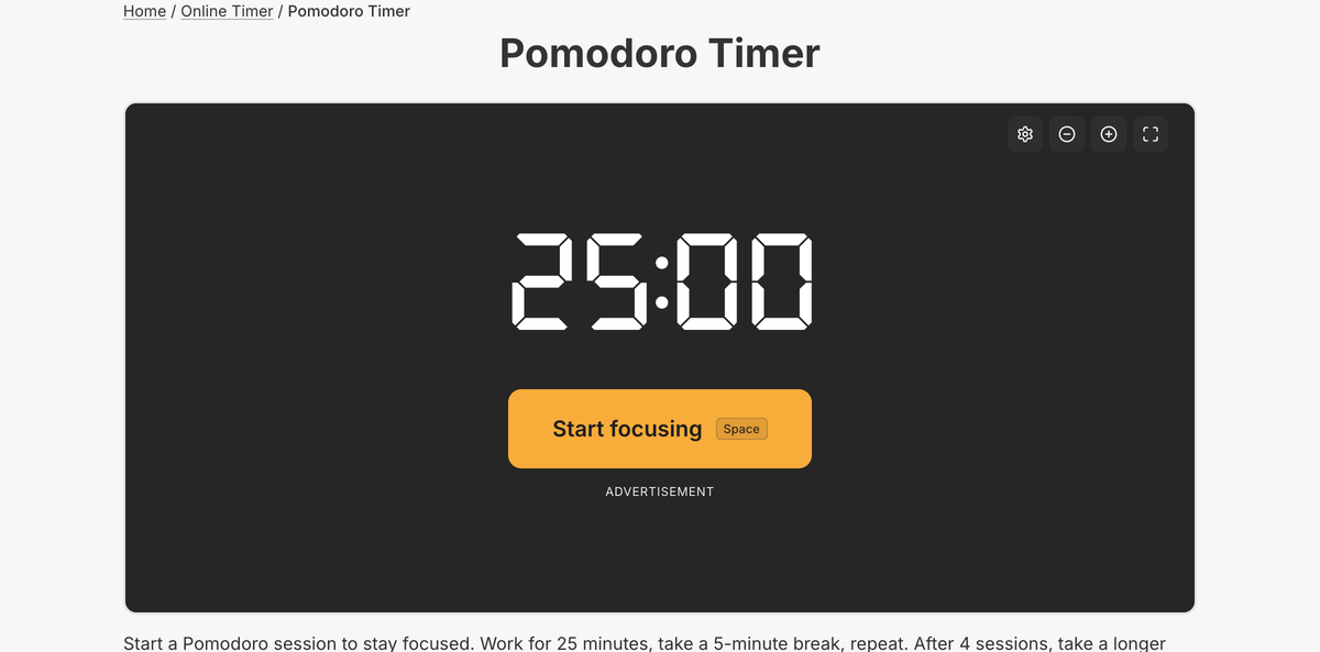 The Pomodoro Timer tool on setalarmclock.net